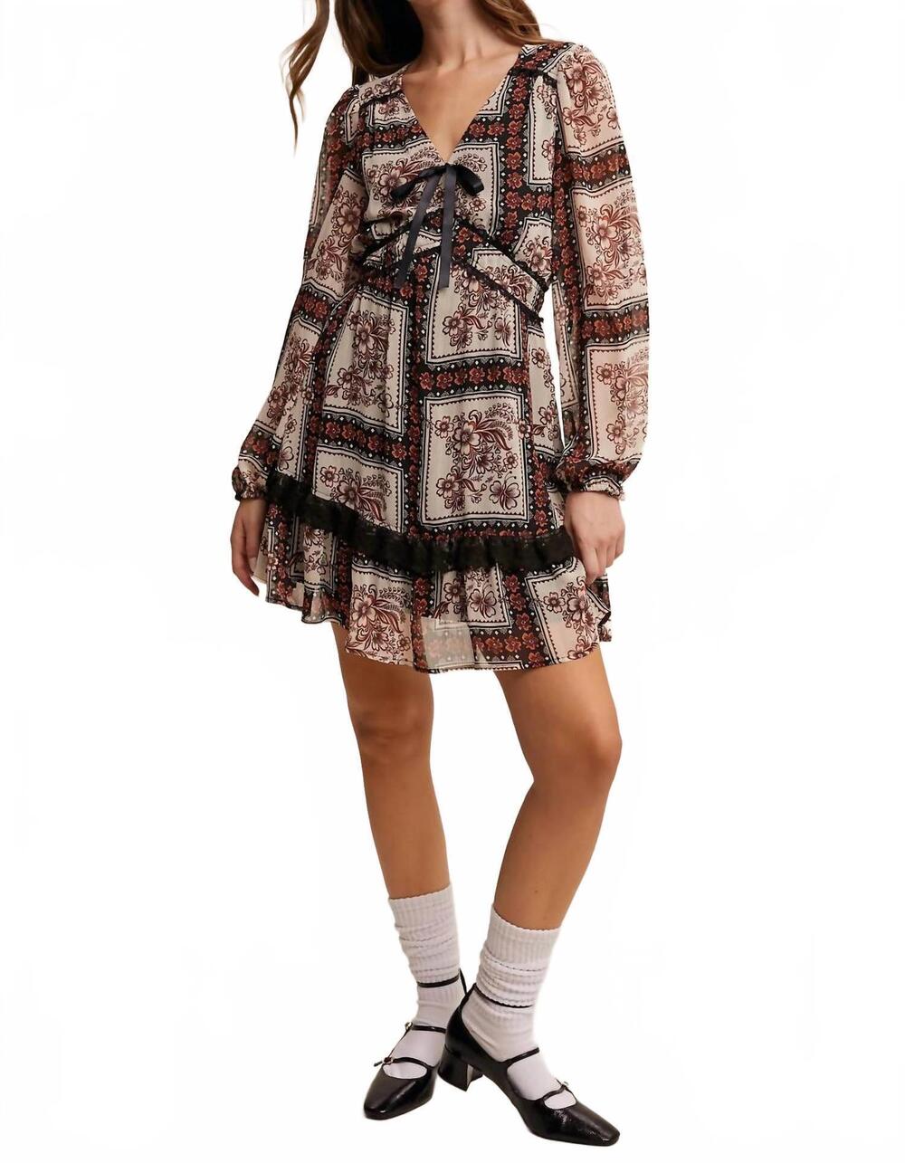 NEW LISTICLE floral bow neck mini dress in rust vintage